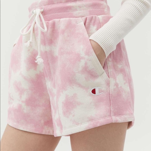 UO Exclusive CHAMPION Reverse Weave Pink Tie Dye Shorts - Picture 2 of 5